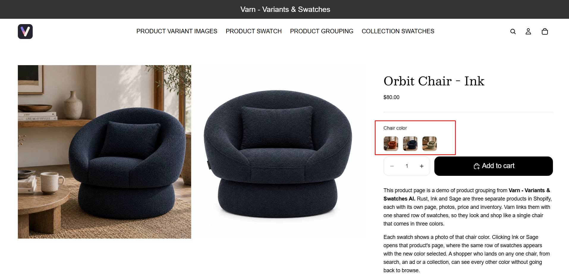 Storefront demo of the Orbit Chair - Ink product page showing linked color swatches (Rust, Ink, Sage) that let shoppers switch between separate Shopify products like variants