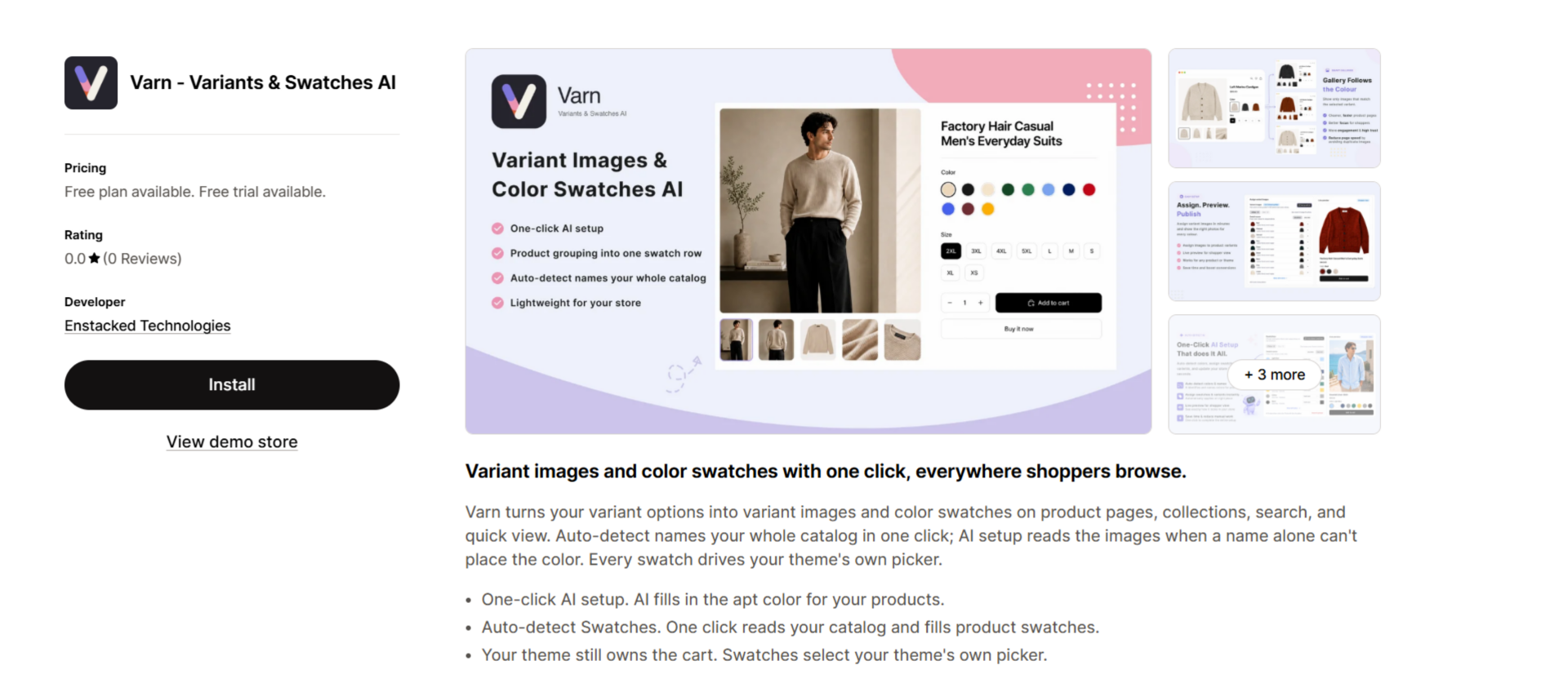 Varn - Variants & Swatches AI app listing on the Shopify App Store, showing variant images and color swatches on a product page