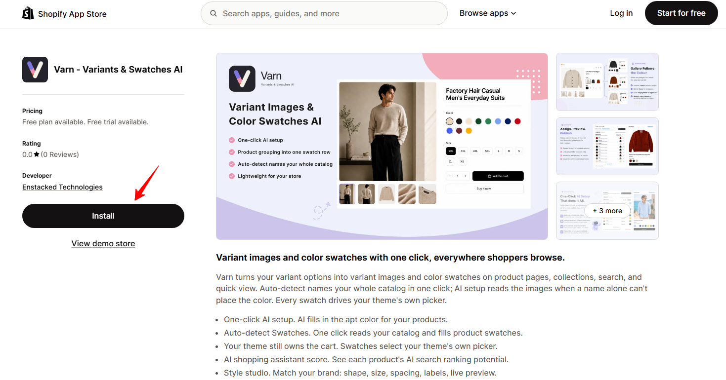 Varn - Variants & Swatches AI listing on the Shopify App Store with Install button, pricing, and feature highlights