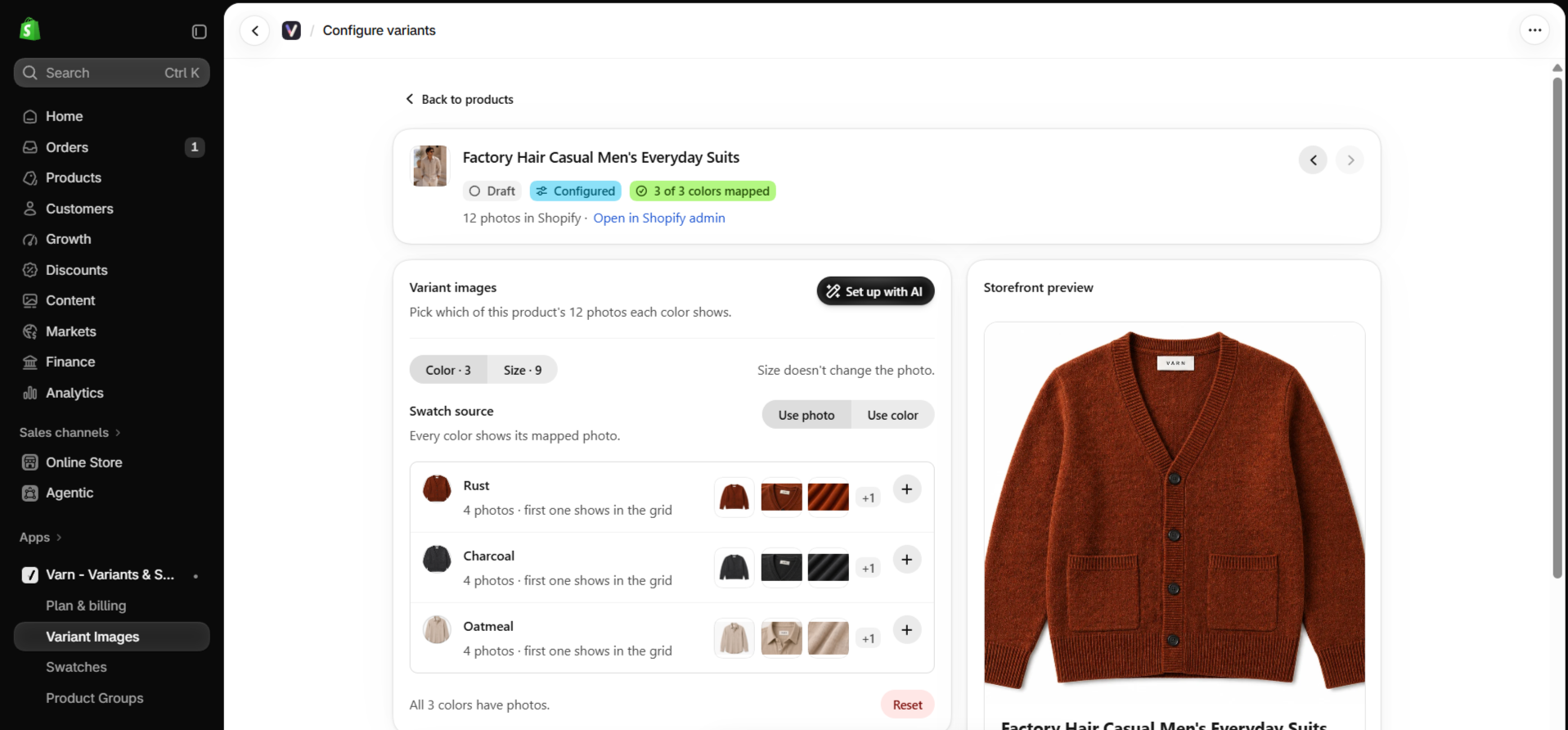 Varn Variant Images panel highlighting the Set up with AI button to auto-match product photos to color variants