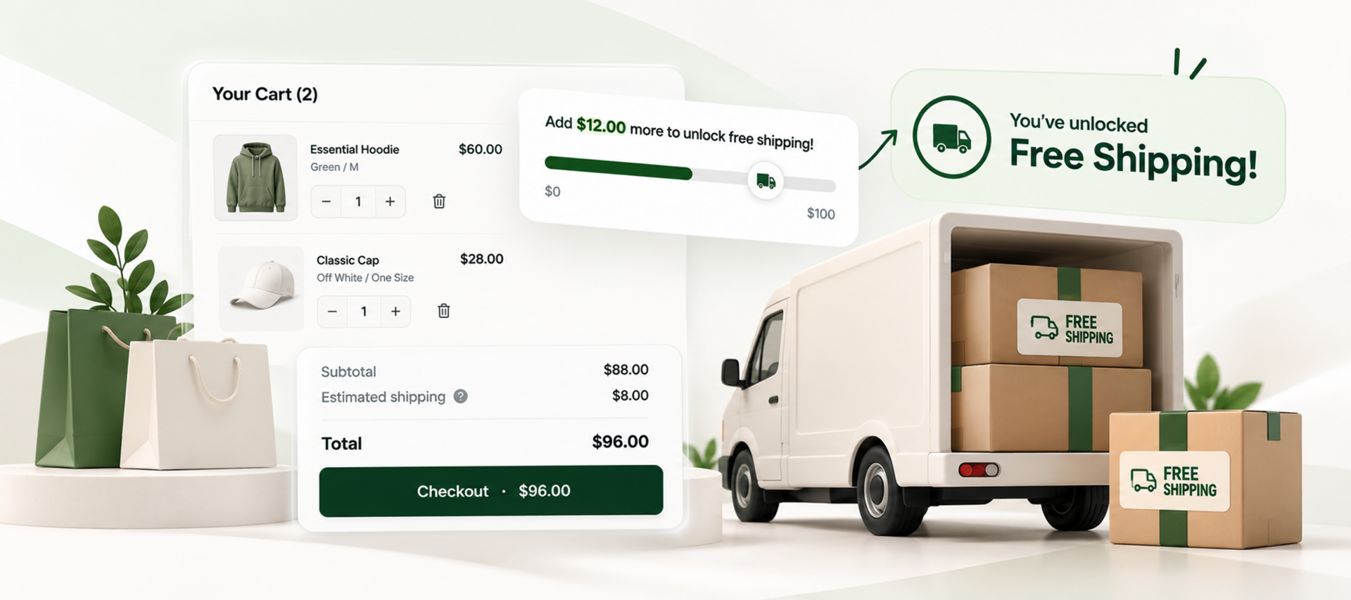 Shopify cart with a free shipping progress bar prompting the shopper to add $12 more to unlock free shipping at the $100 threshold