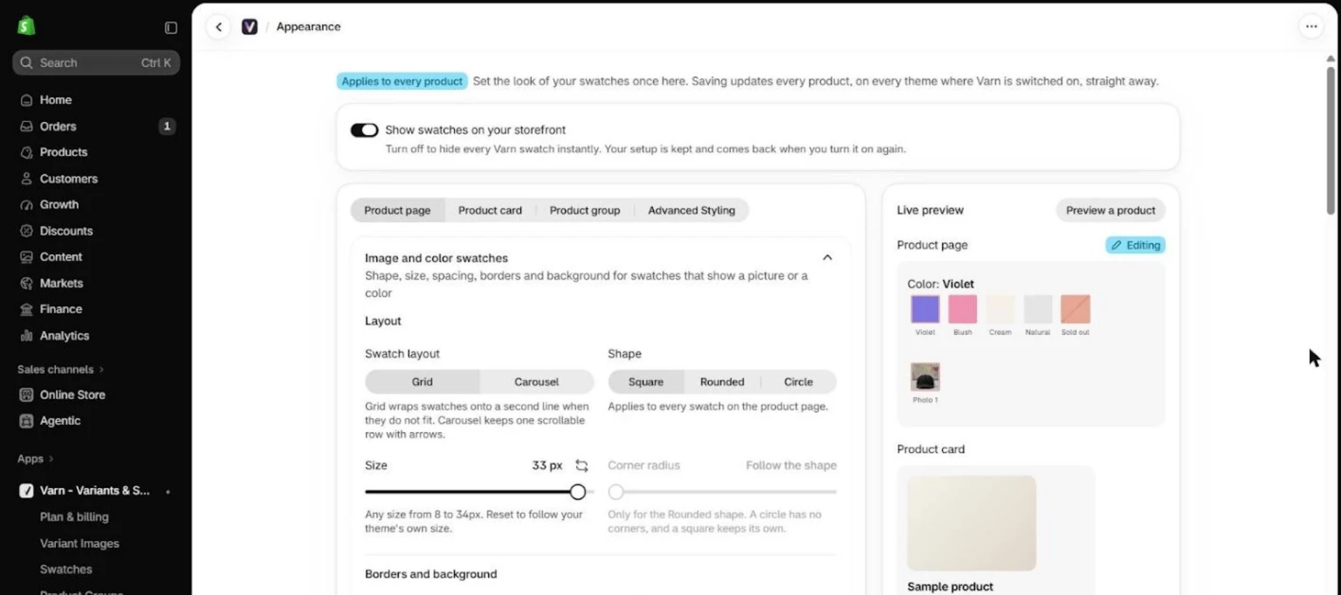 Varn Appearance page (Style studio) with swatch layout, shape, and size controls and a live preview of the swatches