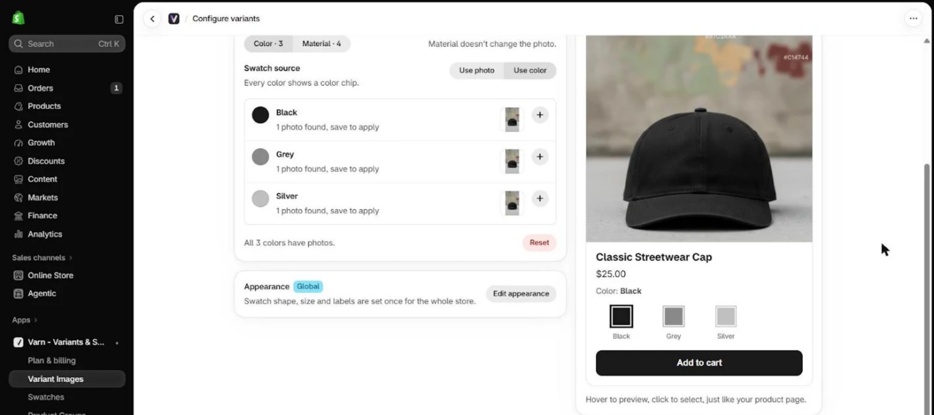 Varn storefront preview of Classic Streetwear Cap showing Black, Grey, and Silver color swatches before publishing