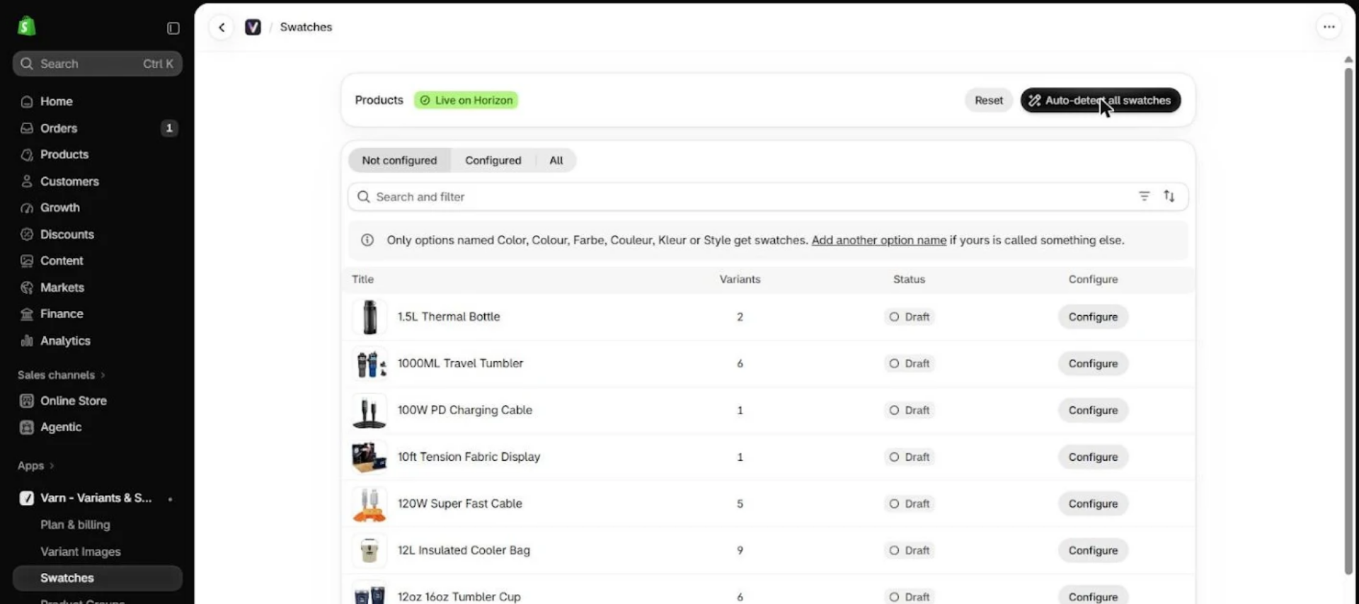 Varn Swatches list in Shopify admin with the “Auto-detect all swatches” button highlighted and products shown as not configured