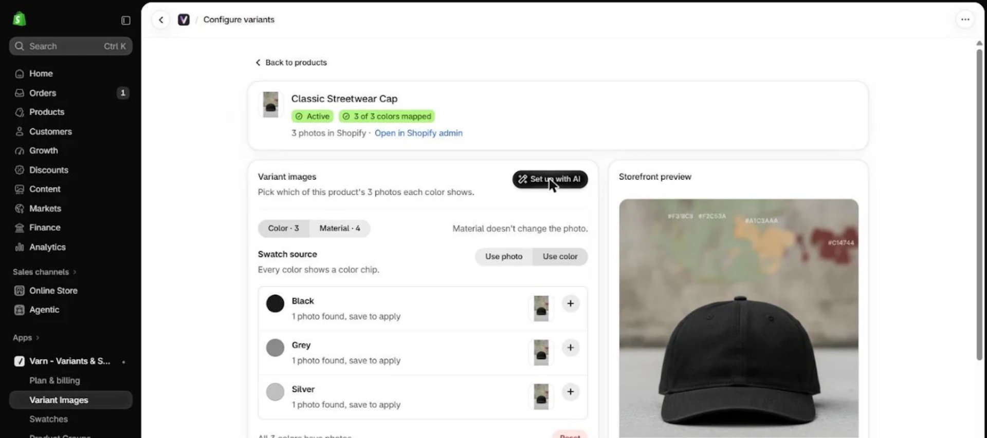 Varn Configure variants page for Classic Streetwear Cap with the “Set up with AI” button, color options (Black, Grey, Silver), and a storefront preview