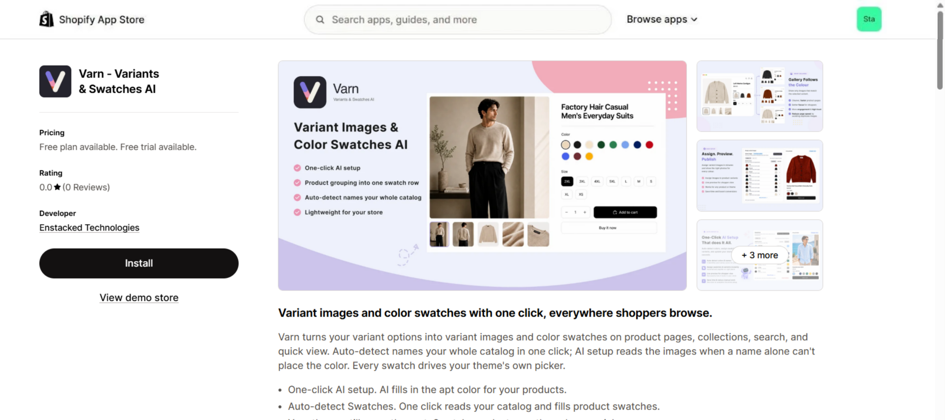 Varn - Variants & Swatches AI listing on the Shopify App Store with the Install button and free plan
